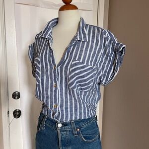 Thread & Supply Cotton/Linen Blend Striped Blue Button-Up Women's Top